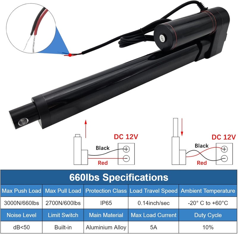 JQDML Store محرك خطي 8 إنش 8" بمدى 12 فولت للاستخدام الثقيل 3000N/660lbs مقاوم للماء IP65 مع حوامل تثبيت - Image 3